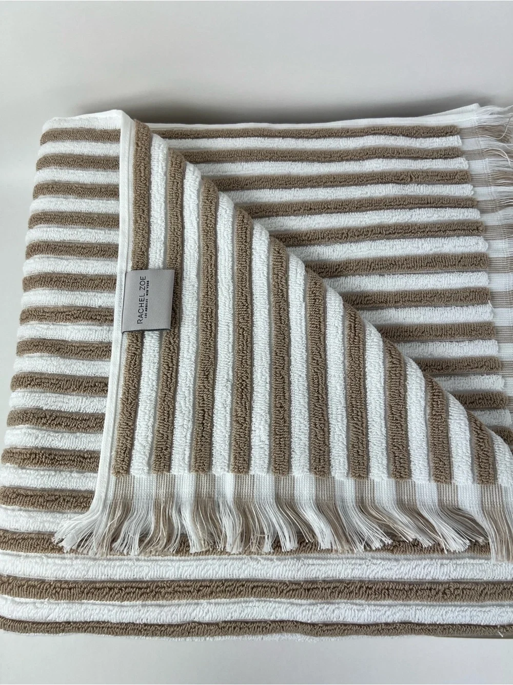 Rachel Zoe Bath Towel Set Tan White Striped with Fringe Soft Cotton 2 Pc NEW